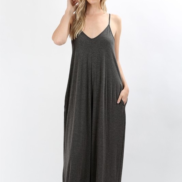 Back2Basics Dresses & Skirts - Grey Spaghetti Strap V-Neck Line Cami Maxi Dress